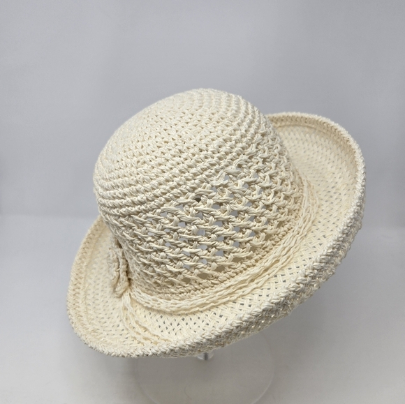 VINTAGE XHILARATION CREAM 100% PAPER OPEN WEAVE SUN HAT ROLLED BRIM WOMEN OS - Picture 8 of 12